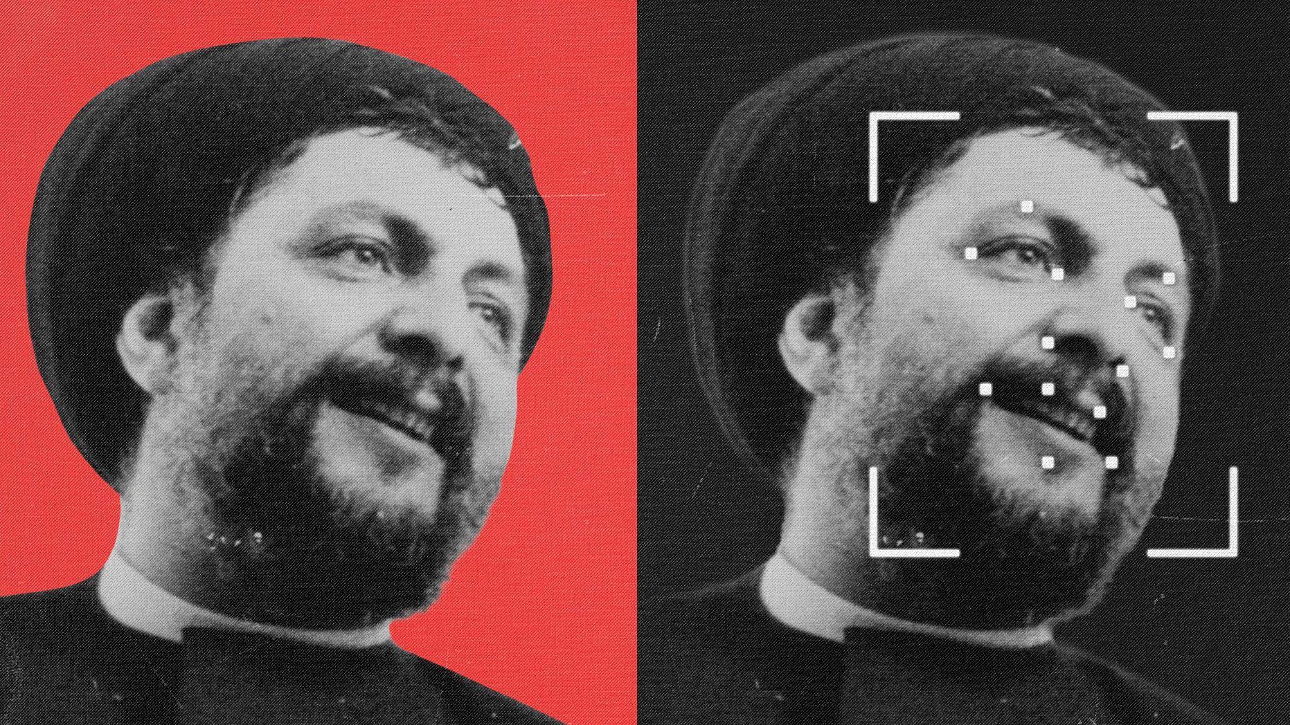 صورتان متطابقتان لموسى الصدر، كلاهما بالأبيض والأسود، إحداهما بخلفية حمراء والأخرى تُظهر نقاط تتبع الهوية - BBC