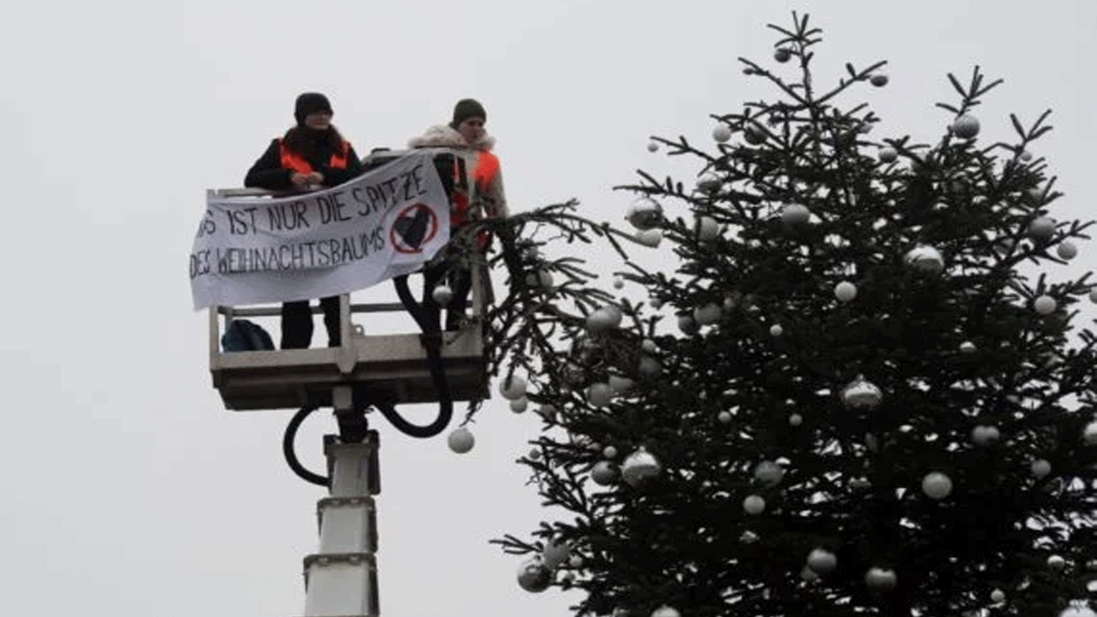 ناشطتان لأجل المناخ ترفعان لافتة كُتِب عليها "هذه ليست سوى رأس شجرة عيد الميلاد" بعد قطع رأس الشجرة في برلين(dpa)