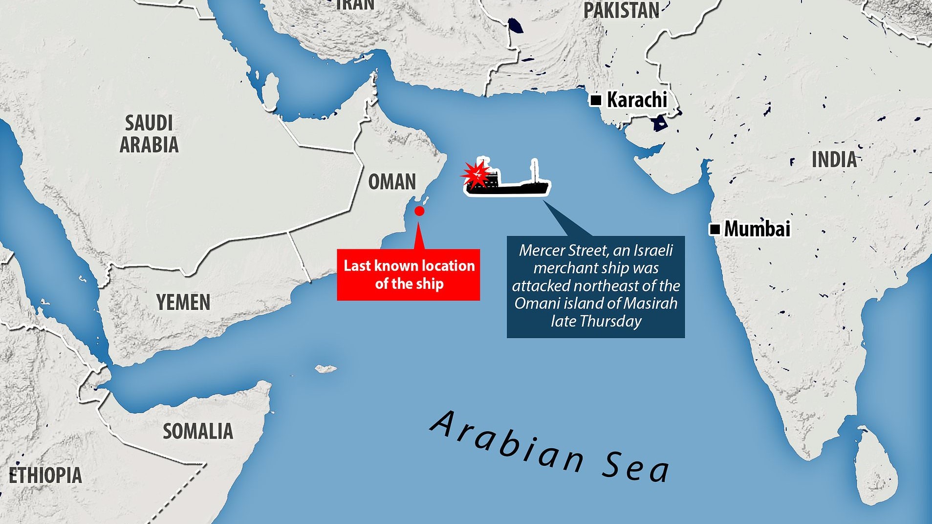 خريطة تبين مكان الهجوم على الناقلة (ميرسر ستريت) قبالة ساحل عمان 