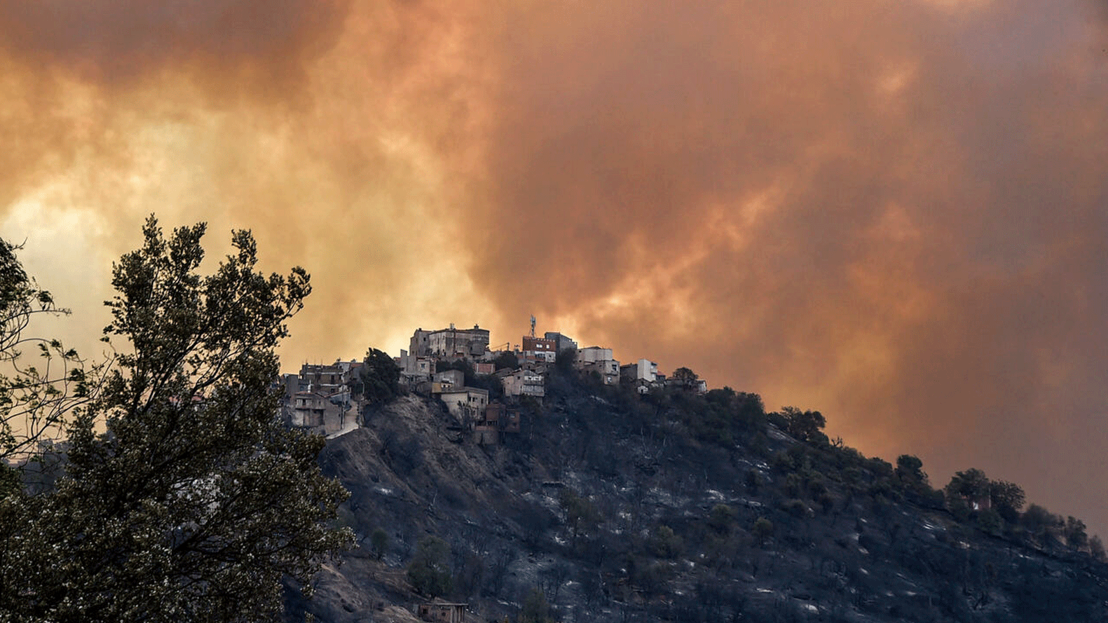 الدخان يتصاعد من حريق غابات في التلال الحرجية بمنطقة القبائل شرق العاصمة الجزائر. بتاريخ 10 آب/ أغسطس 2021.