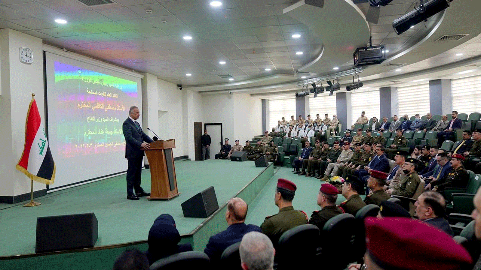 الكاظمي متحدثاً الخميس 3 آذار\ مارس 2022، خلال افتتاحه في بغداد أكبر مستشفى عسكري في البلاد (مكتبه)