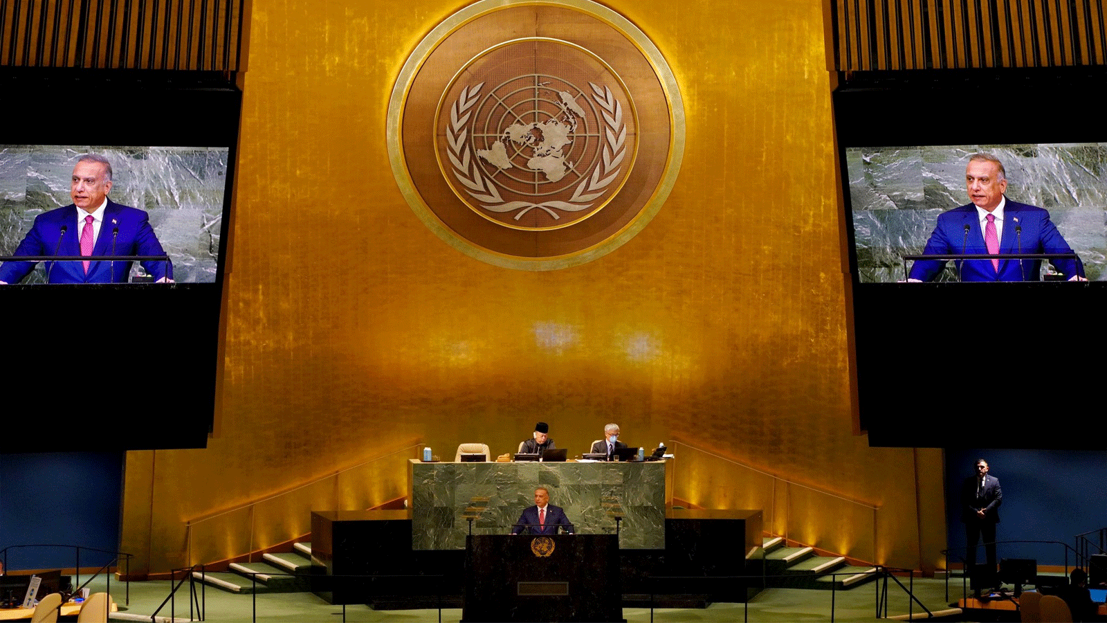 الكاظمي متحدثا مساء الجمعة 23 أيلول\سبتمبر 2022 أمام الجمعية العامة للامم المتحدة في نيويورك (مكتبه)