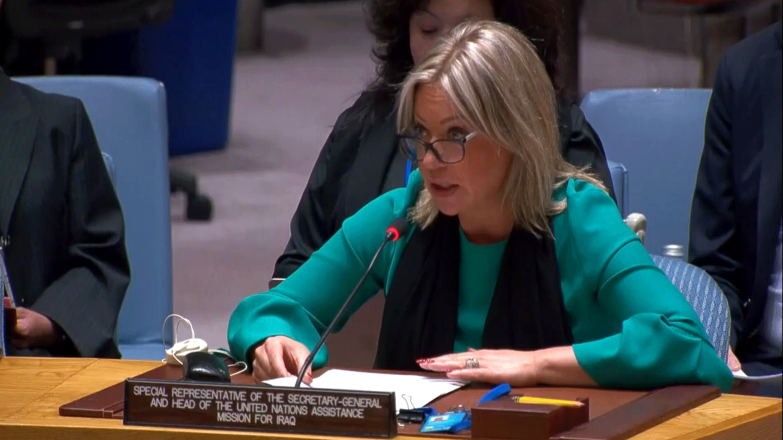 رئيسة بعثة الامم المتحدة في العراق جنين بلاسخارت خلال إحاطتها في مجلس الأمن(البعثة)
