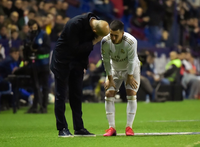 مهاجم ريال مدريد البلجيكي ادين هازار بعد اصابته خلال مباراة فريقه ضد ليفانتي في الدوري الاسباني.22 شباط/فبراير 2020