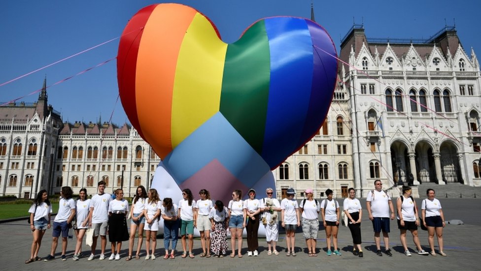 تظاهر نشطاء يحملون بالون قوس قزح (الذي يعتبره مجتمع ميم شعارا لهم) أمام البرلمان المجري احتجاجا على القانون