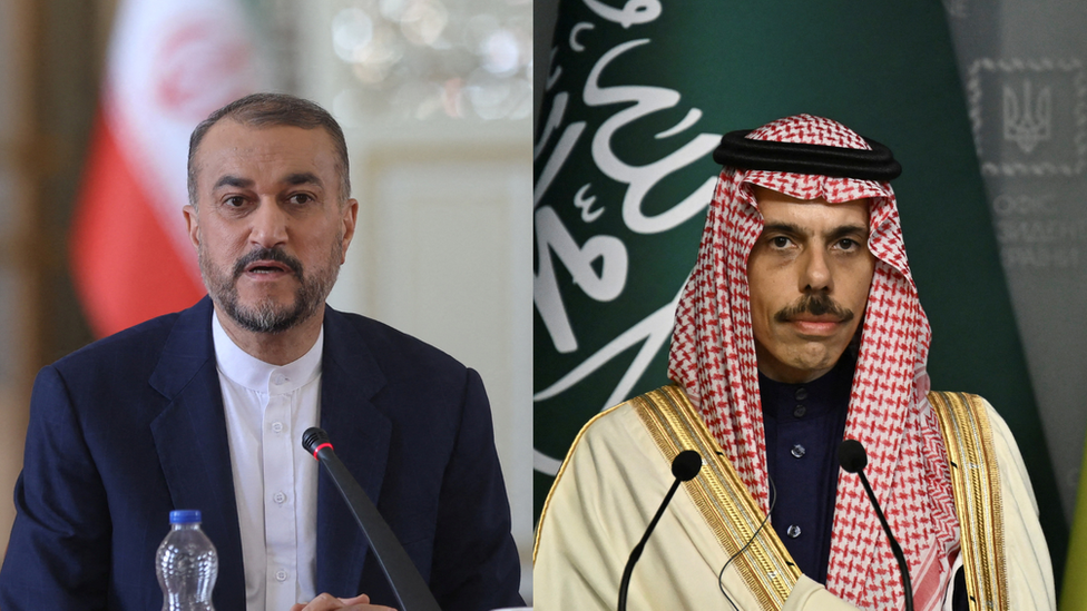 وزيرا خارجية السعودية (اليمين) الأمير فيصل بن فرحان وإيران حسين أمير عبداللهيان
