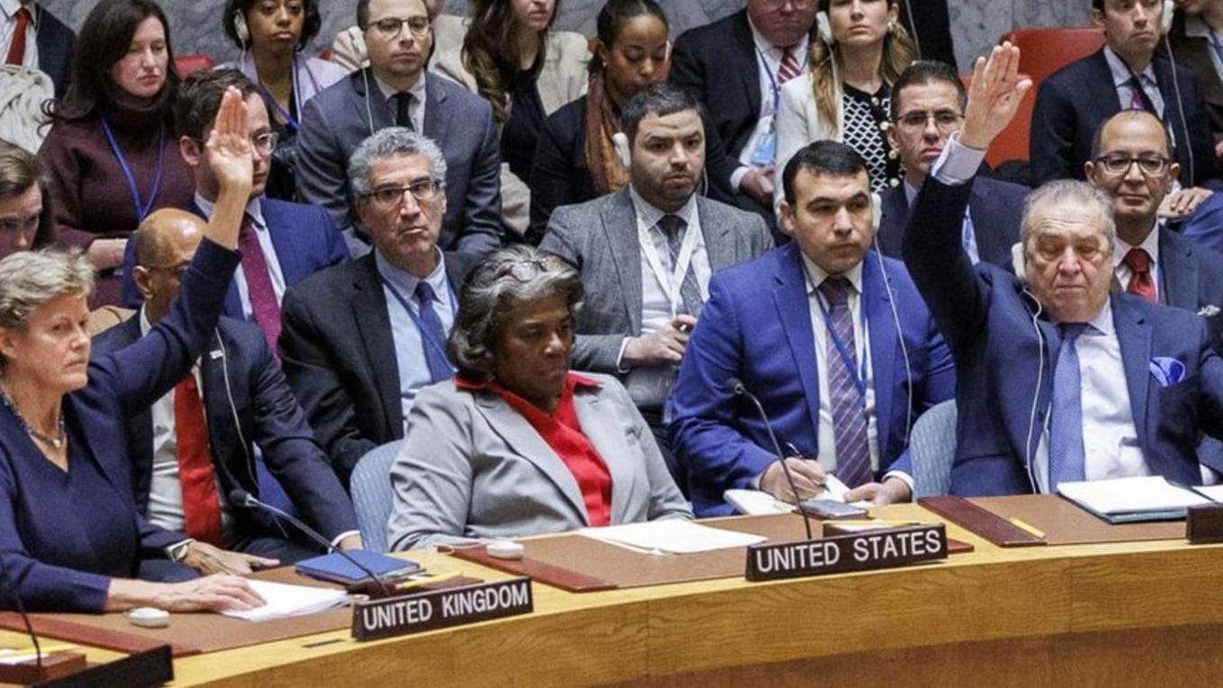 أثناء جلسة مجلس الأمن للتصويت على قرار يدعو لوقف فوري لإطلاق النار في قطاع غزة خلال شهر رمضان
