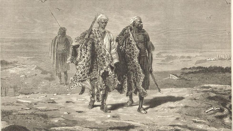 لوحة من القرن التاسع عشر للبريطاني هنري والتر بايتس تظهر باعة جلد النمر في بغداد - Getty Images