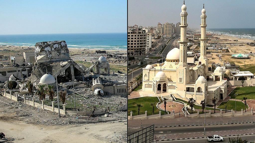 صورتان لمسجد الحساينة والميناء البحري، من أبرز معالم مدينة غزة، الصورة الأولى 26 يناير/ كانون الثاني 2021، تظهر البناء وشارعاً حديثاً معبداً، كما يظهر خلفها الميناء، والصورة الثانية بعد القصف الإسرائيلي في 6 يناير/ كانون الثاني 2024 تظهر دمار الشارع والمسجد بشكل كامل - AFP via Getty Images