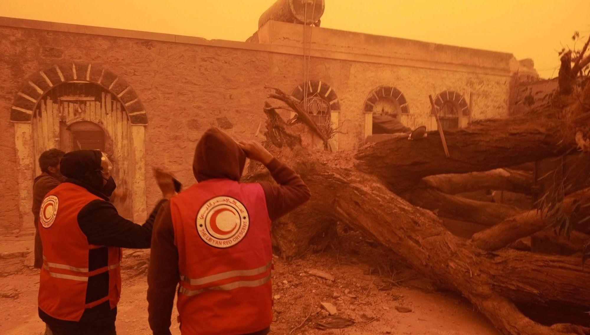 رجال إنقاذ تابعين للهلال الأحمر الليبي فرع الأبيار، تمكنوا من إخلاء عائلة بعد تساقط الأشجار على منزلها، بسبب الطقس والعواصف التي تضرب مدناً في شمال أفريقيا، ويظهر في الصورة رجلان من فريق الهلال الأحمر الليبي، يقفان أمام جذع شجرة محطم على الأرض، بينما تظهر السماء مصبوغة باللون الأحمر. - LIBYA RED CROSS/FACEBOOK