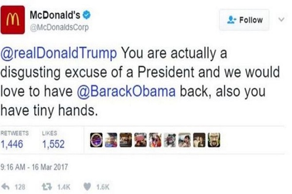 مكدونالدز تحذف تغريدة مسيئة لدونالد ترامب بتويتر