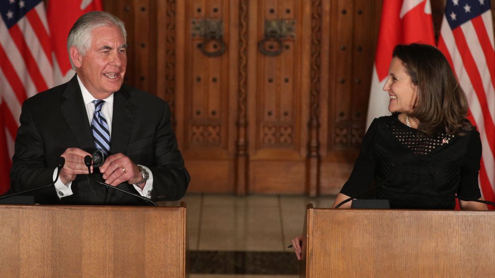 وزيرة خارجية كندا أعلنت في مؤتمر صحفي مع تيلرسون عقد قمة حل كوريا الشمالية تضم دولا أخرى في فانكوفر 18 يناير/كانون ثاني
