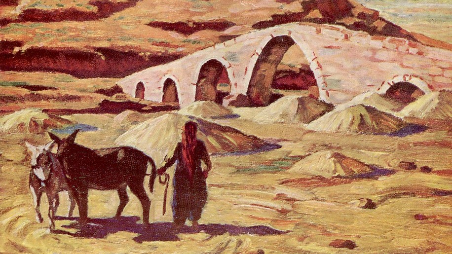 جسر عباسي في زاخو بريشة الرسام مارون طنب (ألوان مائية، من الخمسينيات)