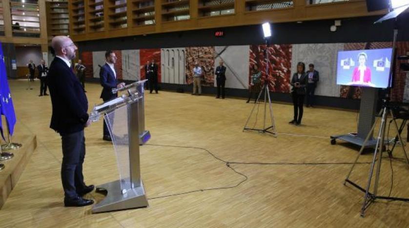 رئيس المجلس الأوروبي شارل ميشال في مؤتمر صحافي بعد انتهاء اجتماع قادة الاتحاد (ا.ف.ب)