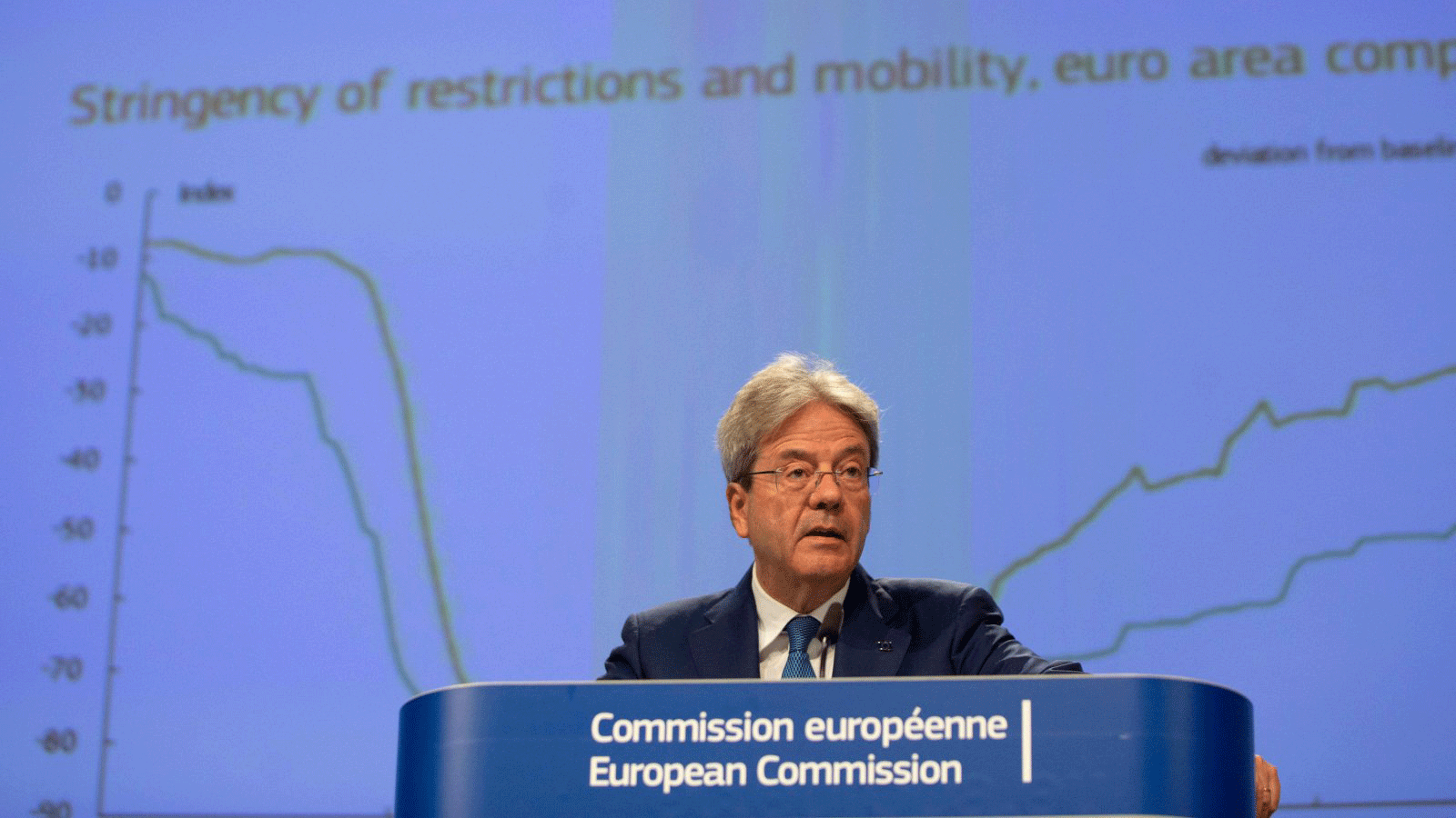 المفوض الأوروبي للاقتصاد باولو جينتيلوني يتحدث خلال مؤتمر صحفي حول التوقعات الاقتصادية لصيف 2020 في مقر الاتحاد الأوروبي في بروكسل، 7 تموز/ يوليو 2020