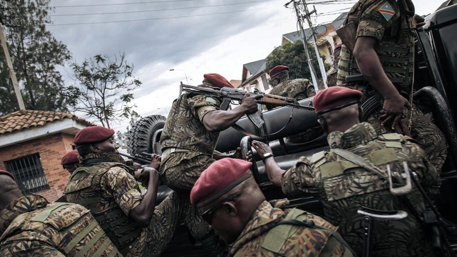 جنود كونغوليون يعملون في مقاطعة شمال كيفو الواقعة في شمال شرق جمهورية الكونغو الديمقراطية، في أيار\مايو 2021.