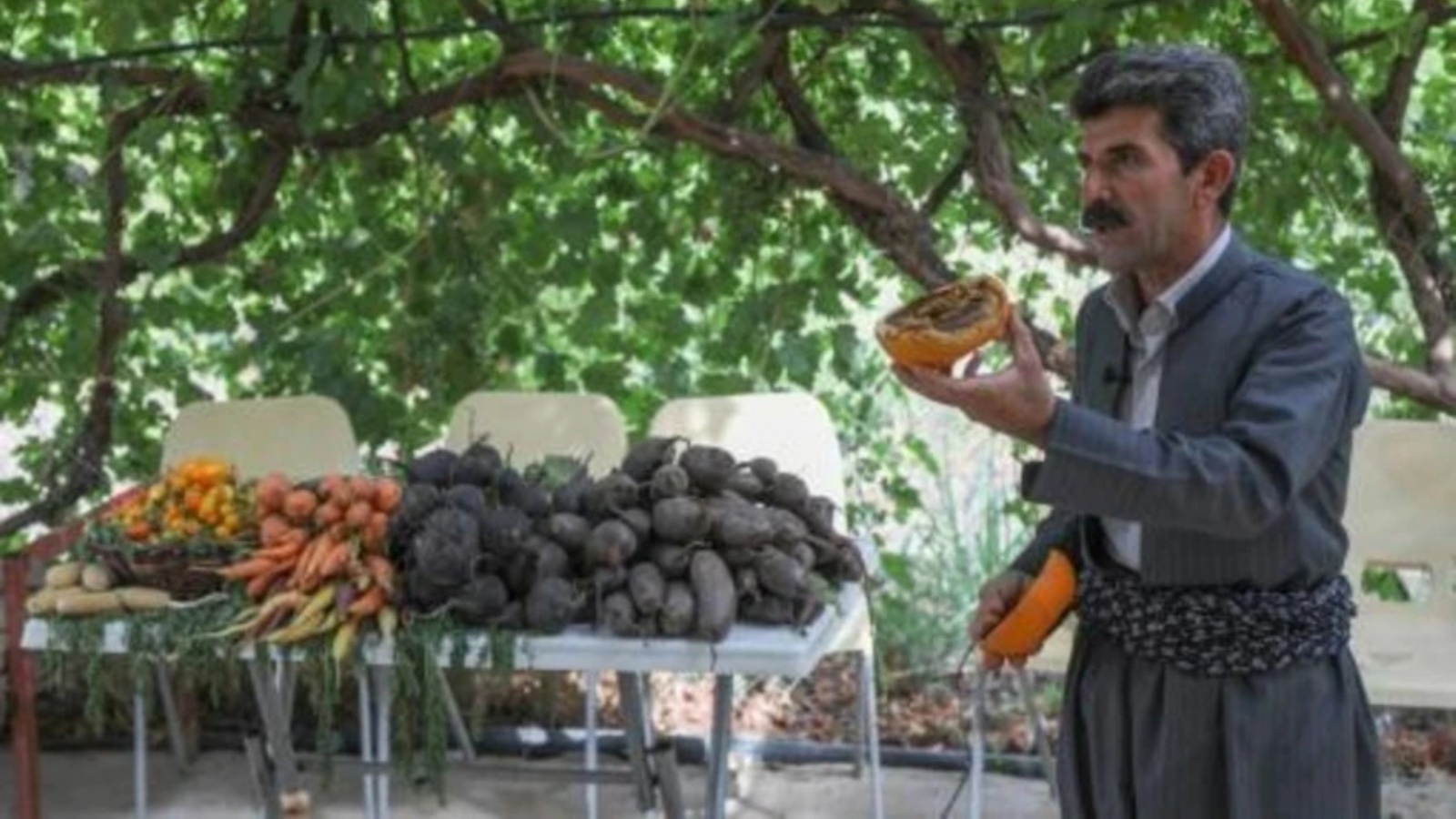 الفلاح آزاد محمد يشير في 6 يوليو 2022 إلى خضر يزرعها في مزرعته القريبة من مدينة حلبجة بإقليم كردستان في شمال العراق 