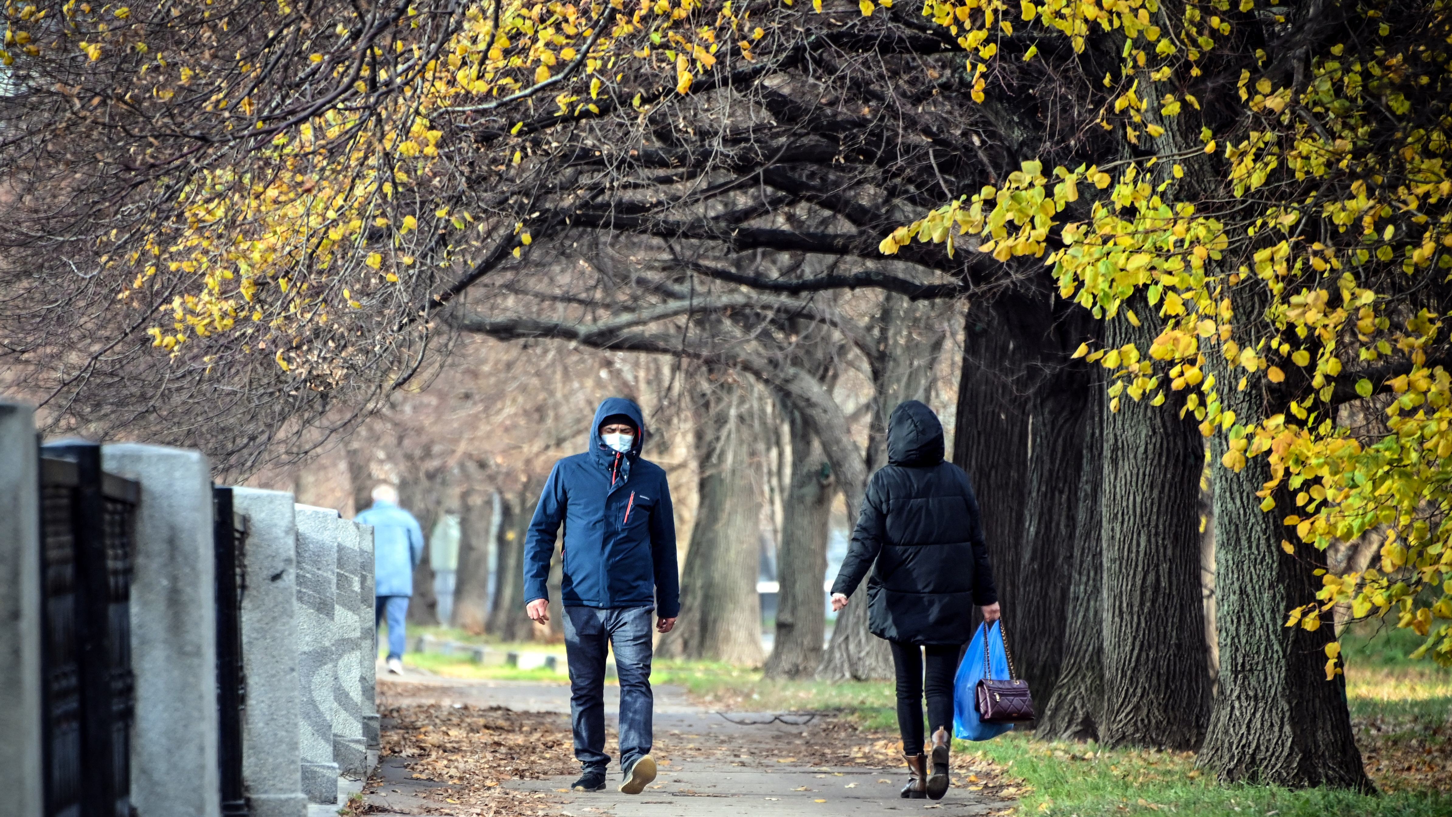 رجل يرتدي قناع وجه يتجول في حديقة في غرب موسكو، في 26 تشرين الأول (أكتوبر) 2021، وسط الأزمة المرتبطة بجائحة كوفيد-19