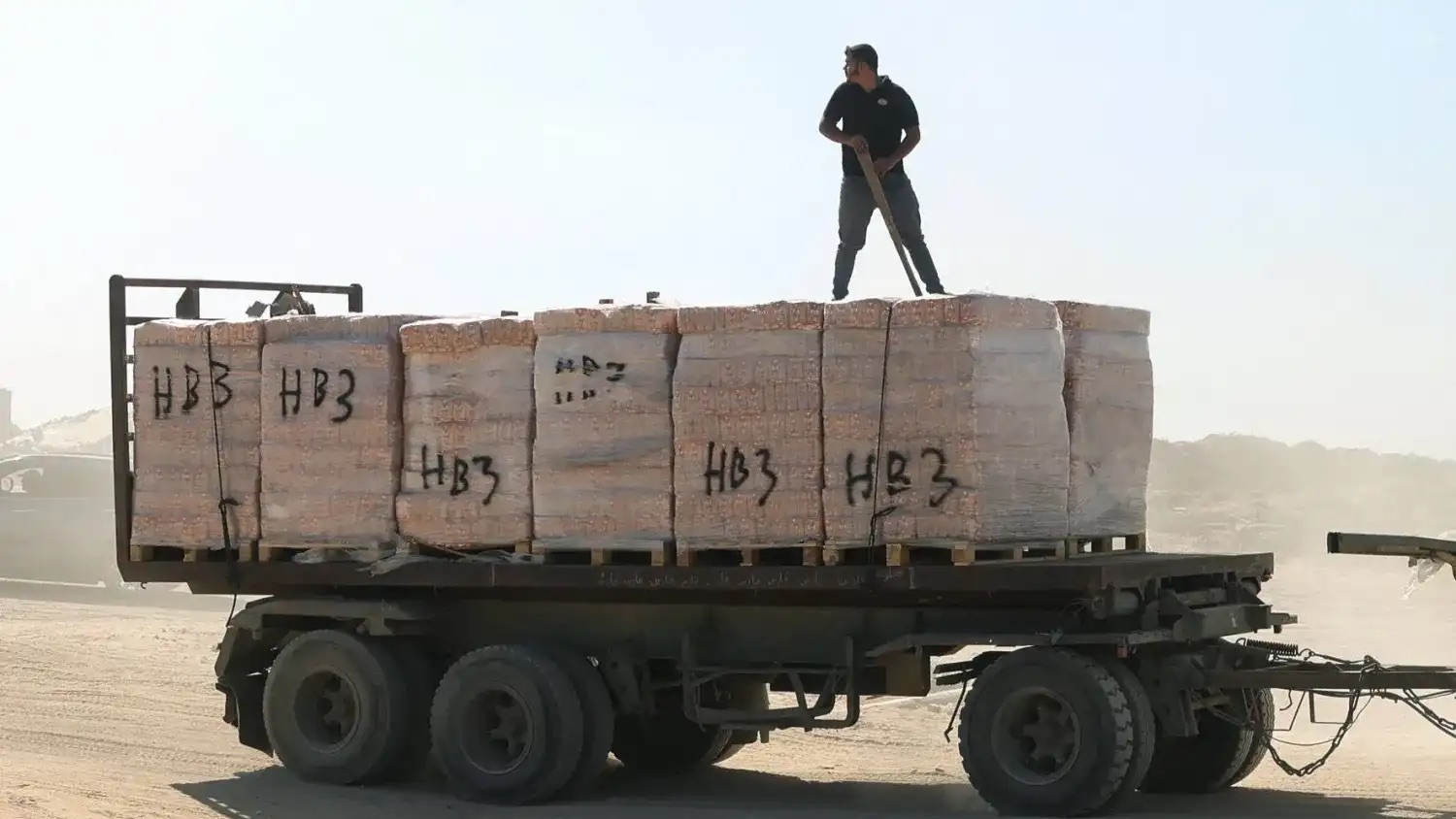 فلسطيني يقف فوق شاحنة مساعدات في قطاع غزة