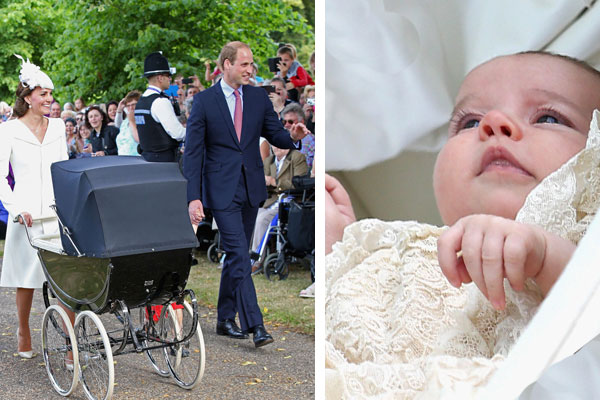 الأميرة شارلوت في عربة تجرها والدتها في يوم العمادة بينما يلوح والدها للحشود المتابعة للحدث