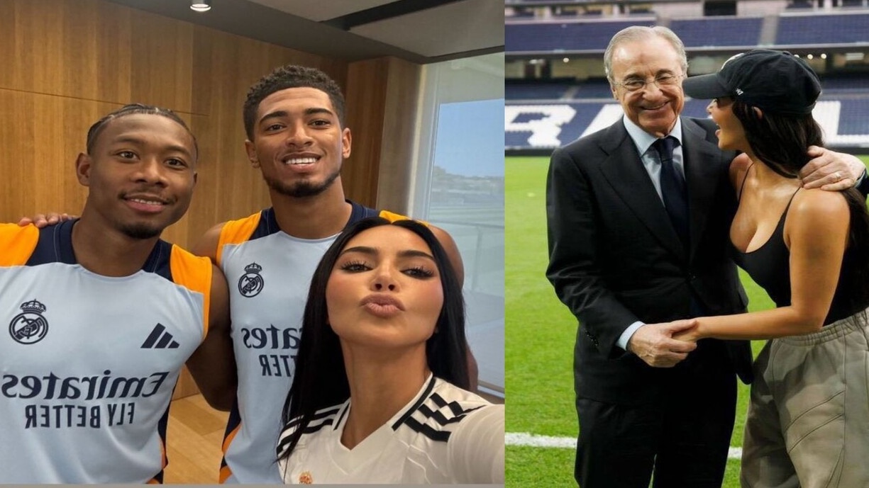 كيم كاردشيان مع رئيس ريال مدريد فلورنتينيو بيريز وفي الإطار الآخر مع بيلينغهام وألابا 