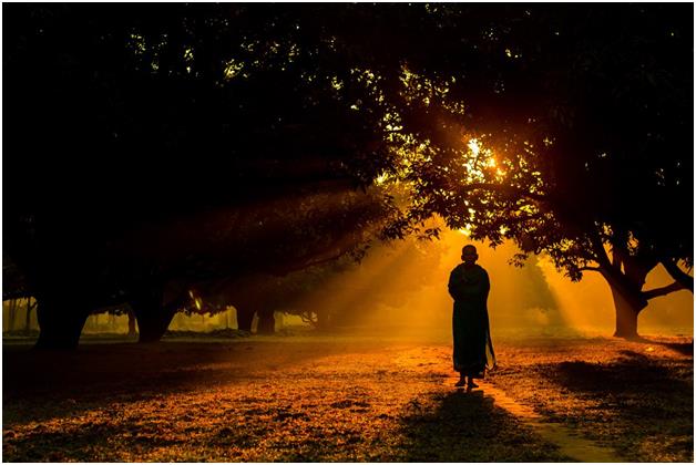 راهب هندوسي وسط حديقة مانجو في صباح ضبابي بمدينة ديناجبور ببنجلاديش