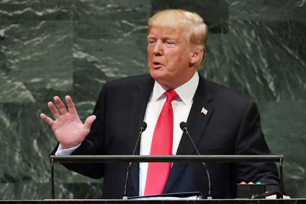 الرئيس الأميركي متحدثًا أمام الجمعية العامة للأمم المتحدة في نيويورك بتاريخ 25 سبتمبر 2018