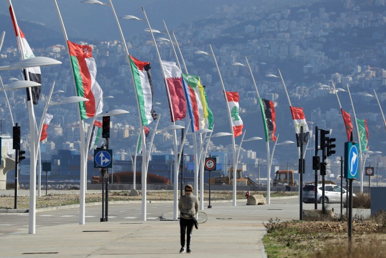 أعلام الدول الاعضاء في الجامعة العربية عشية افتتاح القمة الاقتصادية في بيروت في 17 يناير 2019