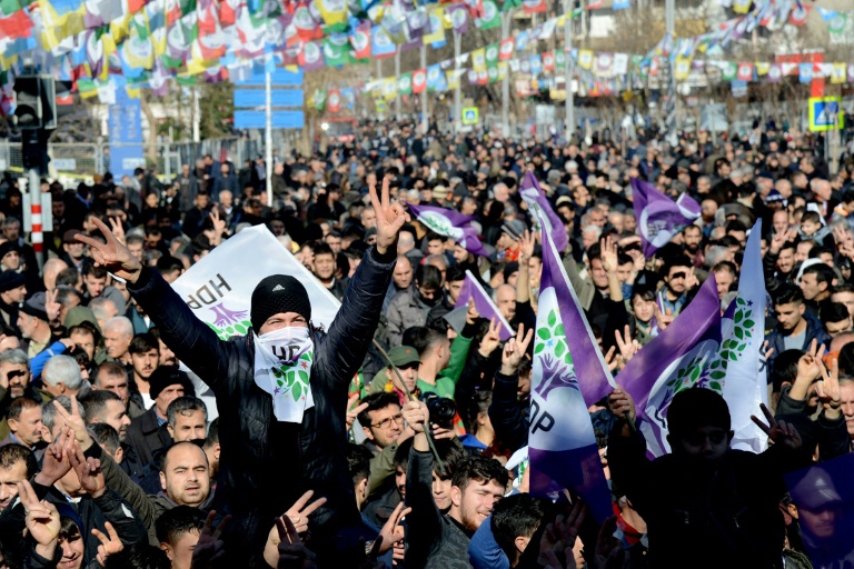 متظاهرون في دياربكر في جنوب شرق تركيا داعمين لنائبة مضربة عن الطعام في 19 يناير 2019