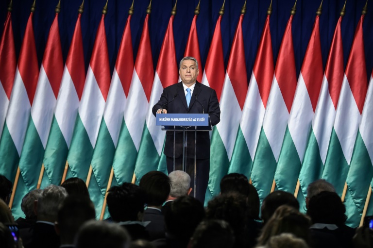 رئيس الوزراء المجري فيكتور اوربان يلقي خطاب حالة الأمة أمام اعضاء حزبه ومناصريه في بودابست في 10 شباط/فبراير 2019.