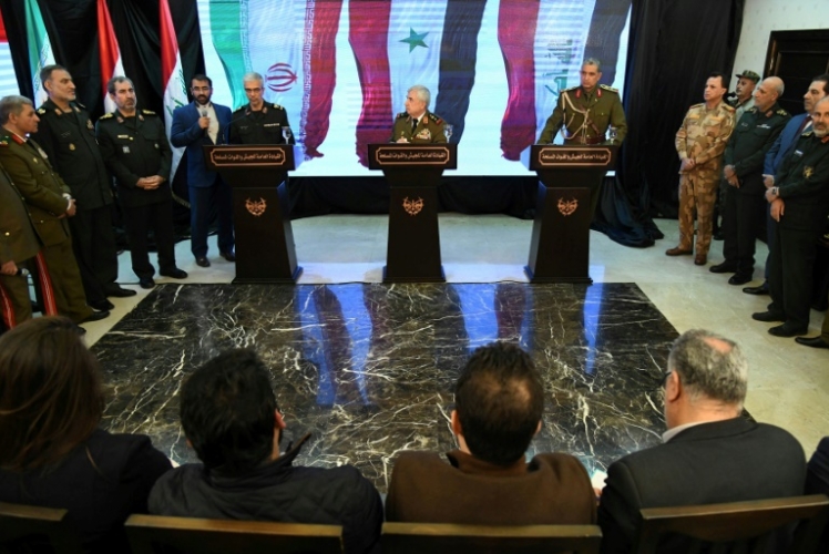 صورة وزعتها وكالة سانا للوزراء الثلاثة في المؤتمر الصحافي المشترك في دمشق الاثنين في 18 مارس 2019