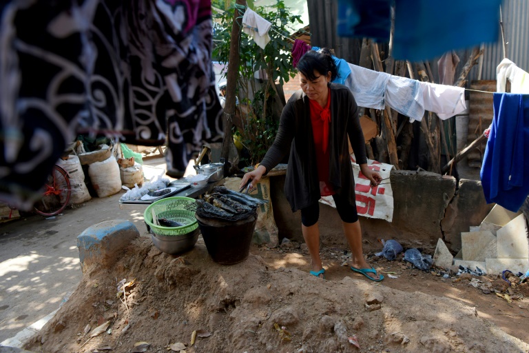 امرأة تشوي السمك على مقبرة في بنوم بنه في 7 مايو 2019
