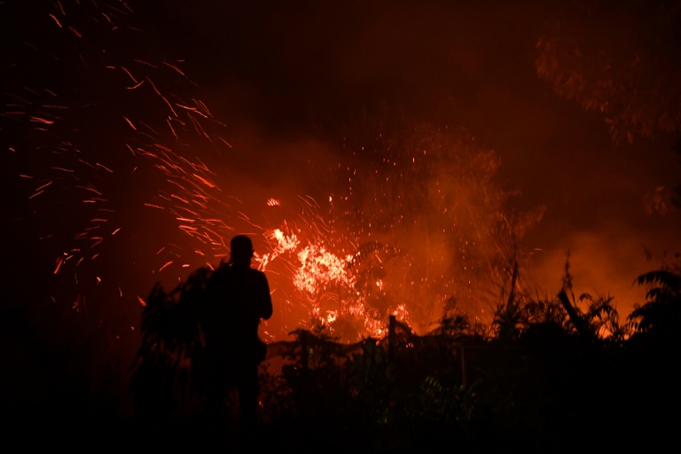رجل إندونيسي يقف على مقربة من حريق في حقل زراعي في كامبار في جزيرة سومطرة في 16 سبتمبر 2019