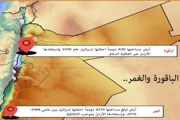 خريطة توضح موقعي الباقورة والغمر (عن الدستور الأردنية)