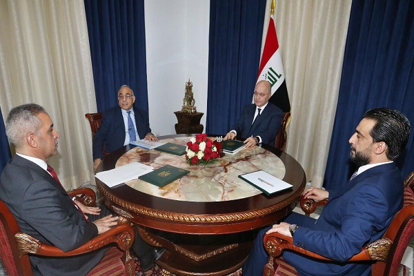 الرؤساء العراقيون الاربعة من اليمين الحلبوسي وصالح وعبد المهدي وزيدان