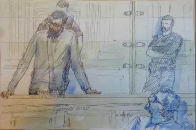 رسم من جلسة محاكمة أحد أبرز مجندي الجهاديين في فرنسا مراد فارس في 20 كانون الثاني/يناير 2020