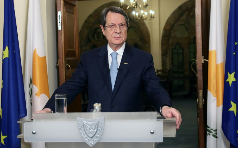 صورة نشرها مكتب الصحافة والإعلام التابع للحكومة القبرصية تظهر الرئيس نيكوس أناستاسيادس خلال خطابه في 23 مارس 2020