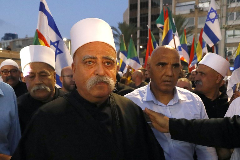 موفق طريف مشاركا في تظاهرة ضد قانون الدولة اليهودية في تل ابيب، 4 اغسطس 2018