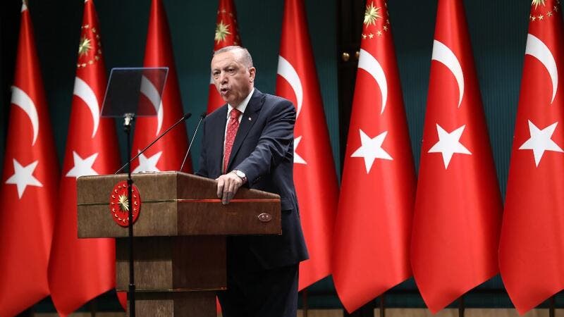 رئيس تركيا رجب طيب أردوغان متحدثاً في المجمع الرئاسي في أنقرة يوم العاشر من أغسطس 2020