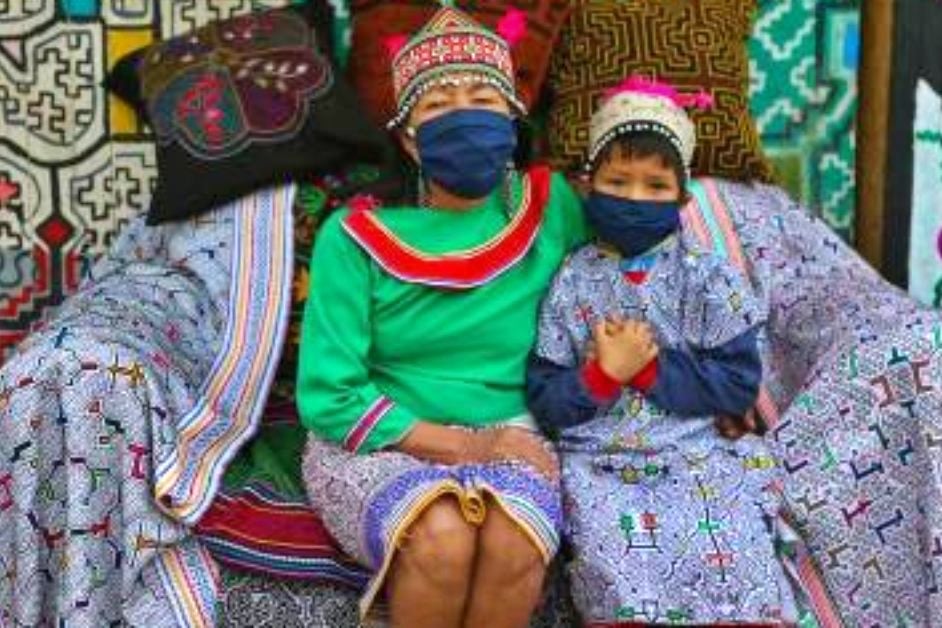 امرأة وابنها من السكان الأصليين في البيرو. لقطة في أثناء الاحتفال بيومهم العالمي
