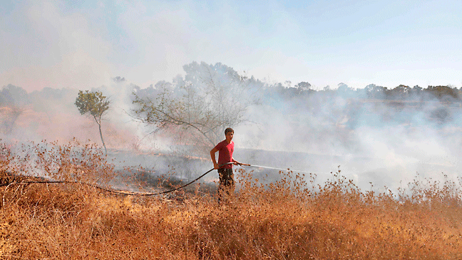 صبي يحاول إطفاء حريق اندلع في أعشاب يابسة بالقرب من غزة جراء القصف