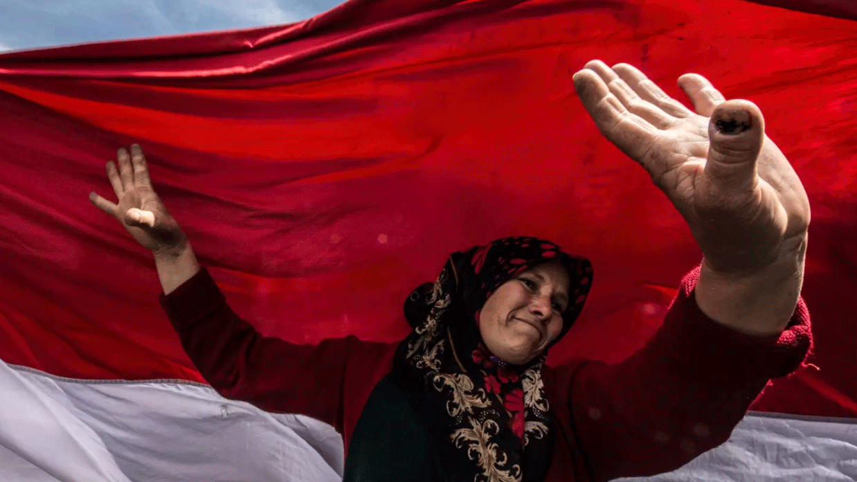 صورة أرشيفية لامرأة تلتحف العلم المصري في تظاهرة مطلبية في القاهرة
