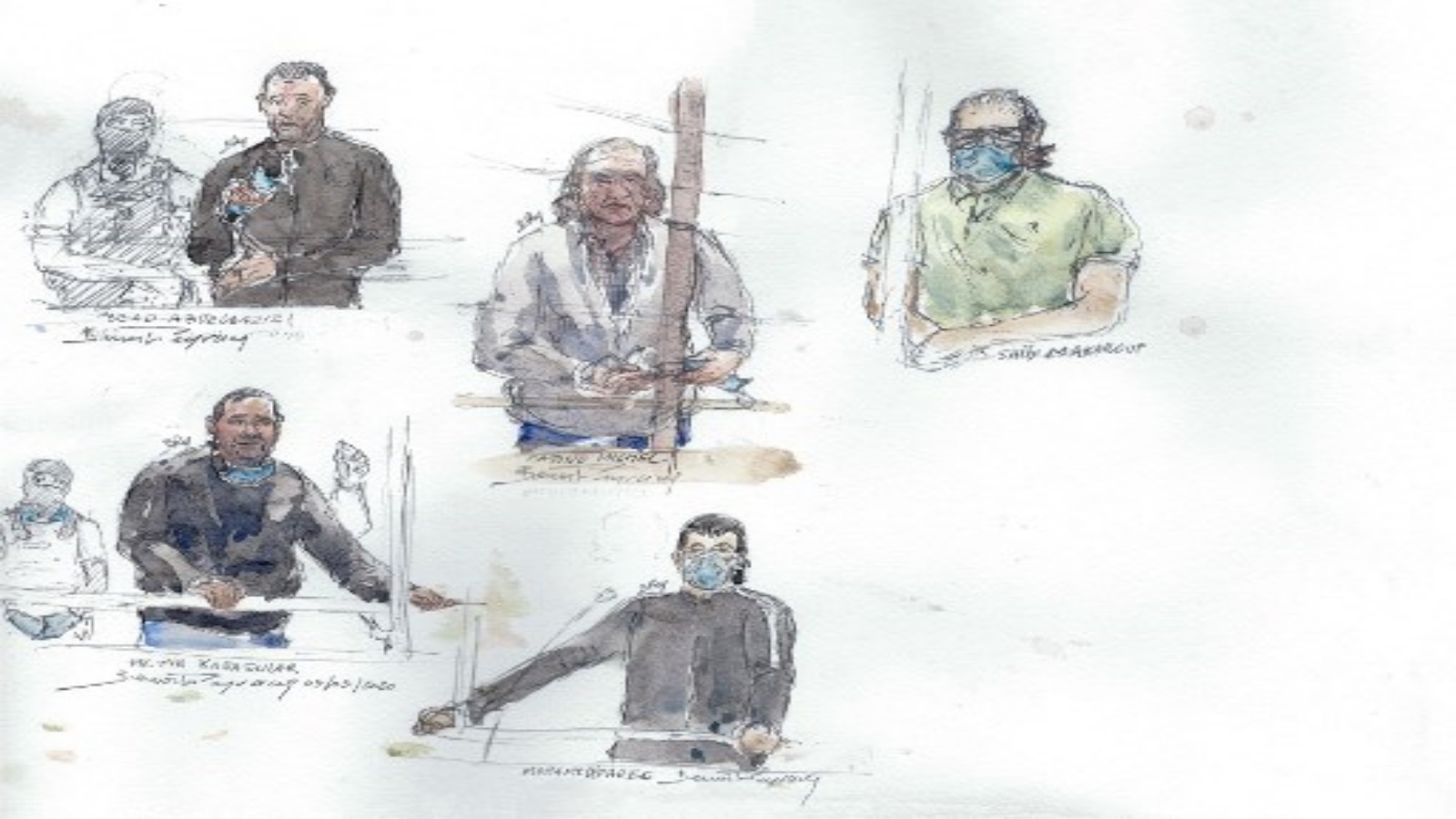 يُظهر رسم في قاعة المحكمة في 3 سبتمبر 2020 في محكمة باريس خمسة من المتهمين الـ 14 