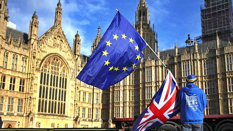 متظاهر يحمل علمي الاتحاد الأوروبي والمملكة المتحدة أمام مجلسي البرلمان في وسط لندن