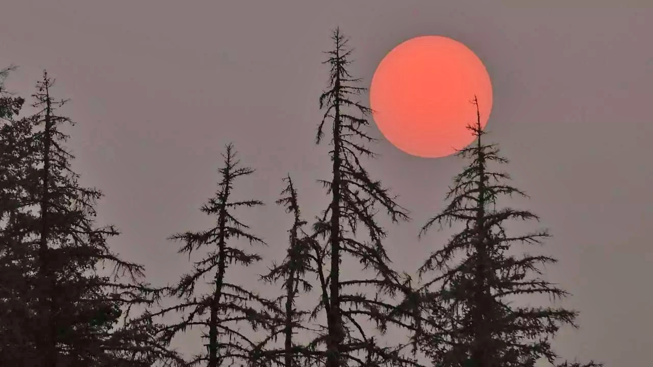 قرص الشمس وقد بدا أحمر بسبب الدخان المتصاعد من حرائق الغابات قرب يوجين في ولاية أوريغون في 15 سبتمبر 2020