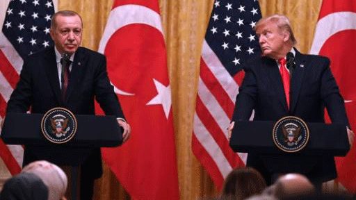 الرئيس الأميركي دونالد ترمب (يمين) والرئيس التركي رجب طيب أردوغان في البيت الأبيض، 13 تشرين الثاني/نوفمبر 2019