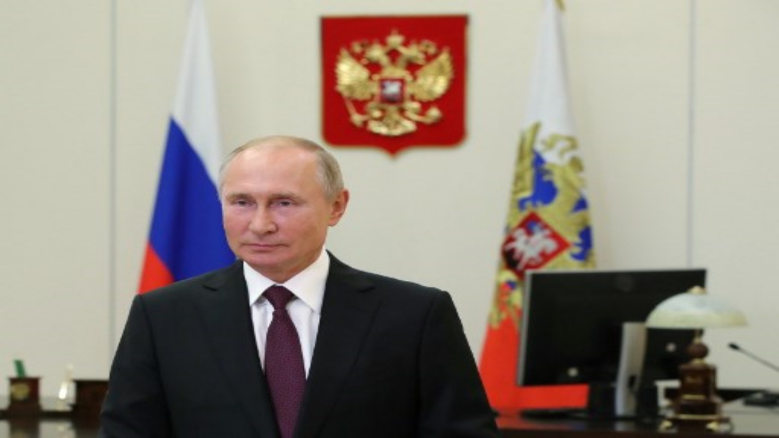 الرئيس الروسي فلاديمير بوتين يخاطب المشاركين في المنتدى السابع لأقاليم روسيا وبيلاروسيا عبر بث الفيديو في مقر إقامة نوفو-أوغاريوفو الحكومي ، خارج موسكو ، في 29 سبتمبر 2020. أ ف ب