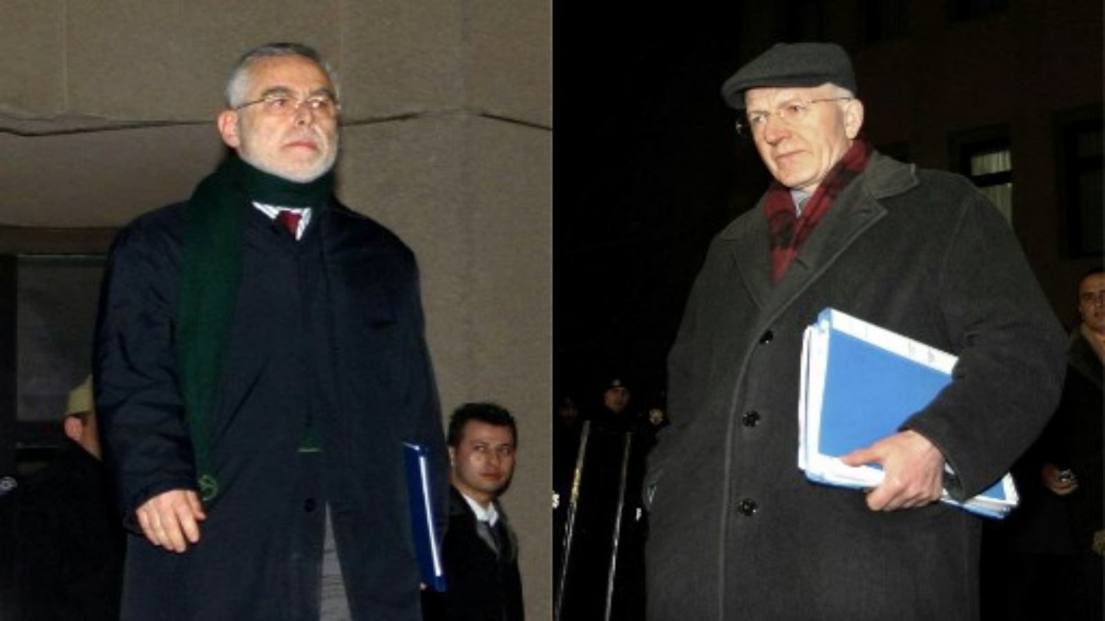 صورة تم التقاطها في 15 فبراير 2006 للبروفيسور باسكي وهران (يسار) والبروفيسور إبراهيم كابوغلو يغادران دار المحكمة في أنقرة بعد تأجيل قضيتهما. وقد اتهما في عام 2005 بـ 