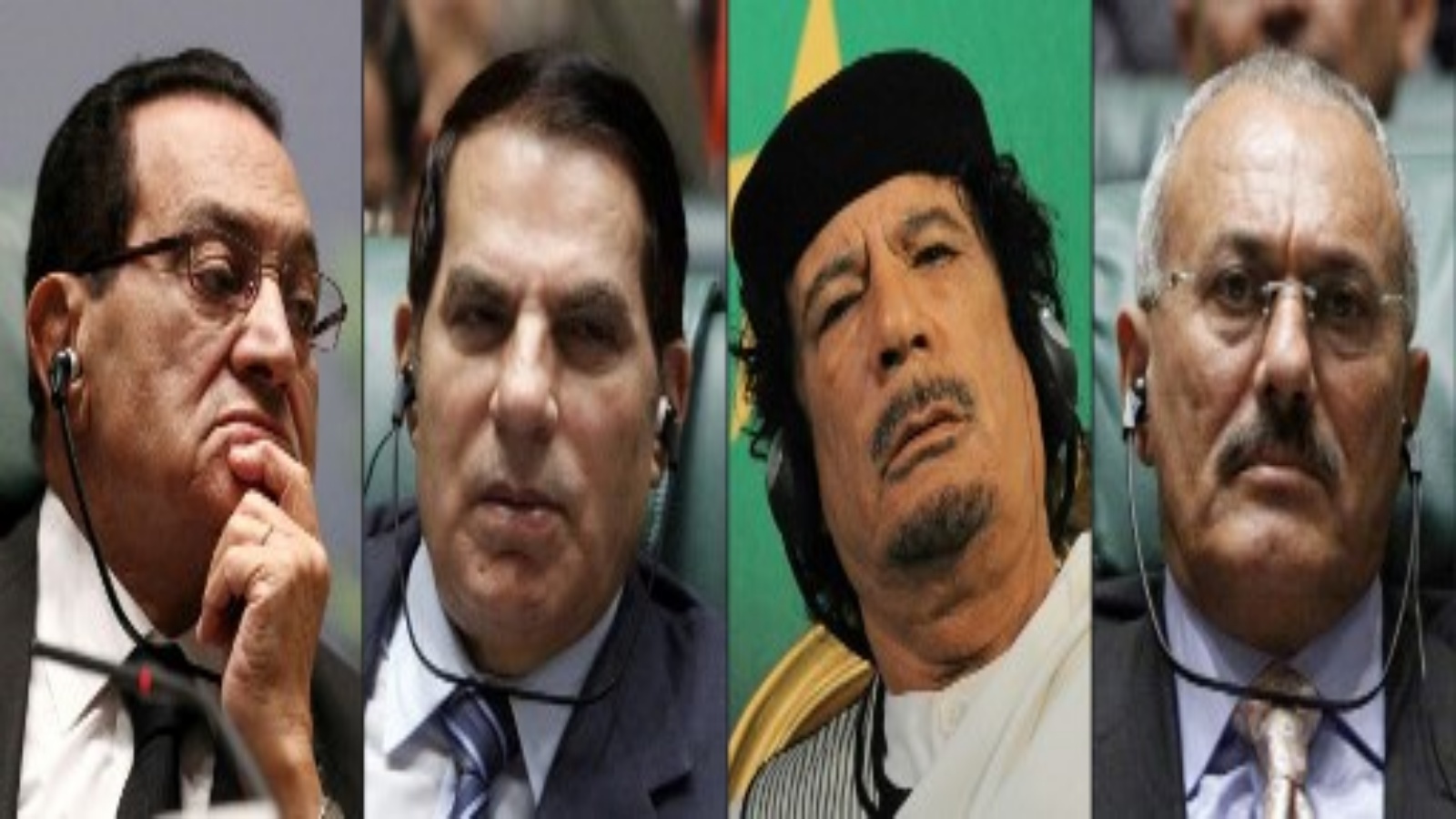 صور تظهر الرئيس المصري حسني مبارك (إلى اليسار) والرئيس التونسي زين العابدين بن علي (الثاني إلى اليسار) والرئيس اليمني علي عبد الله صالح (إلى اليمين) خلال المؤتمر العربي الأفريقي المشترك. قمة في سرت الليبية في 10 أكتوبر 2010 ؛ والزعيم الليبي معمر القذافي (الثاني إلى اليمين) خلال عرض الفروسية في مدرسة تور دي كوينتو للفرسان شمال روما في 30 أغسطس 2010