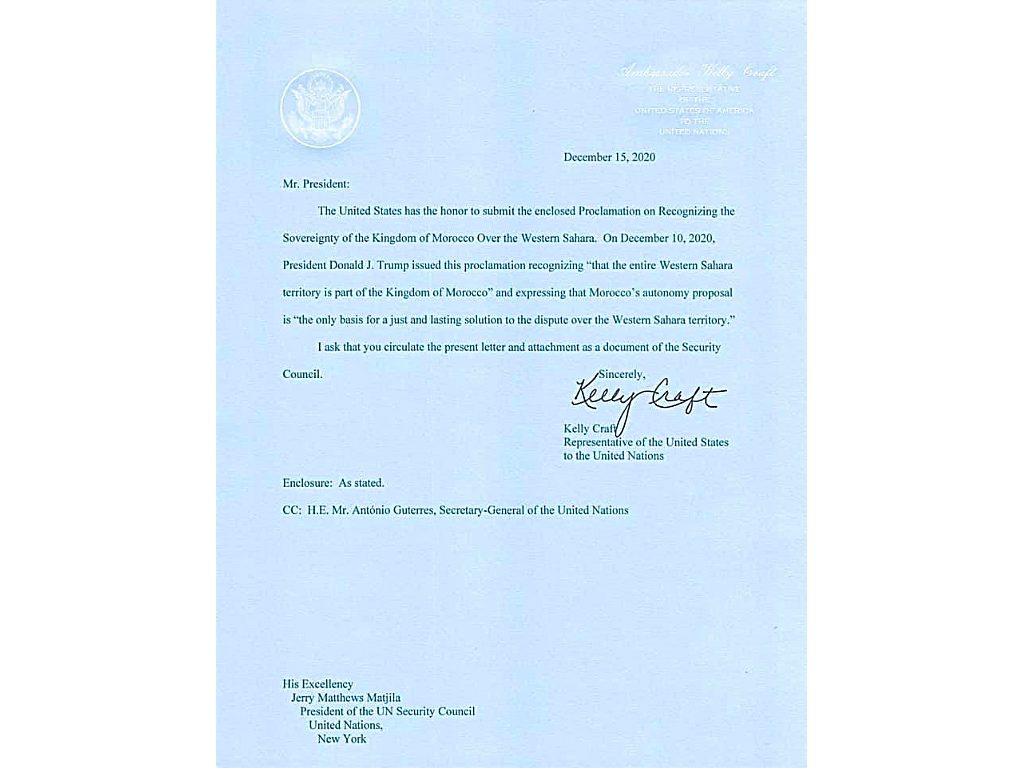 الرسالة التي وجهتها السفيرة الاميركية لدى الامم المتحدة كيلي كرافت الى غوتيريش ومجلس الامن